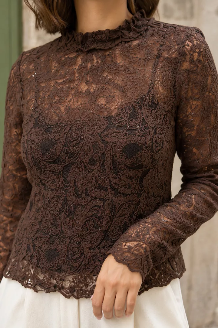 Blouse dentelle Elina Chocolat